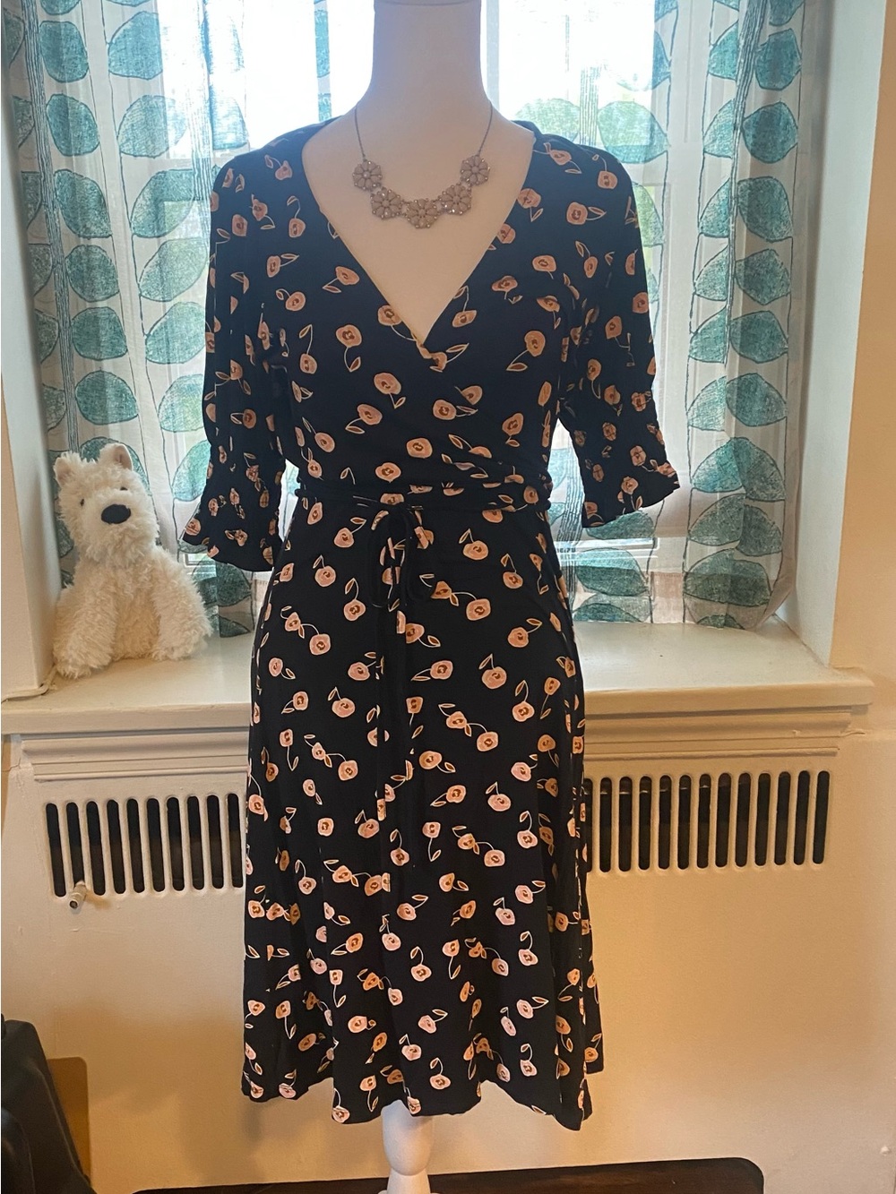 French Connection Black Midi Wrap Dress with Peach Floral Motif